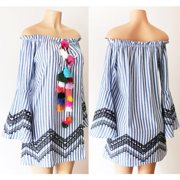 Blue Stripe Pom Pom Tassel Bell Off Shoulder Dress - Picture 1 of 8